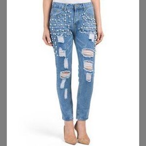 MIDNIGHT MUSE Pearl Rhinestone Embellished High Rise Distressed Boyfriend Jeans